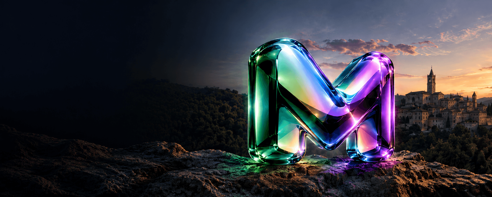 M Liquid Glass in un paesaggio umbro al tramonto