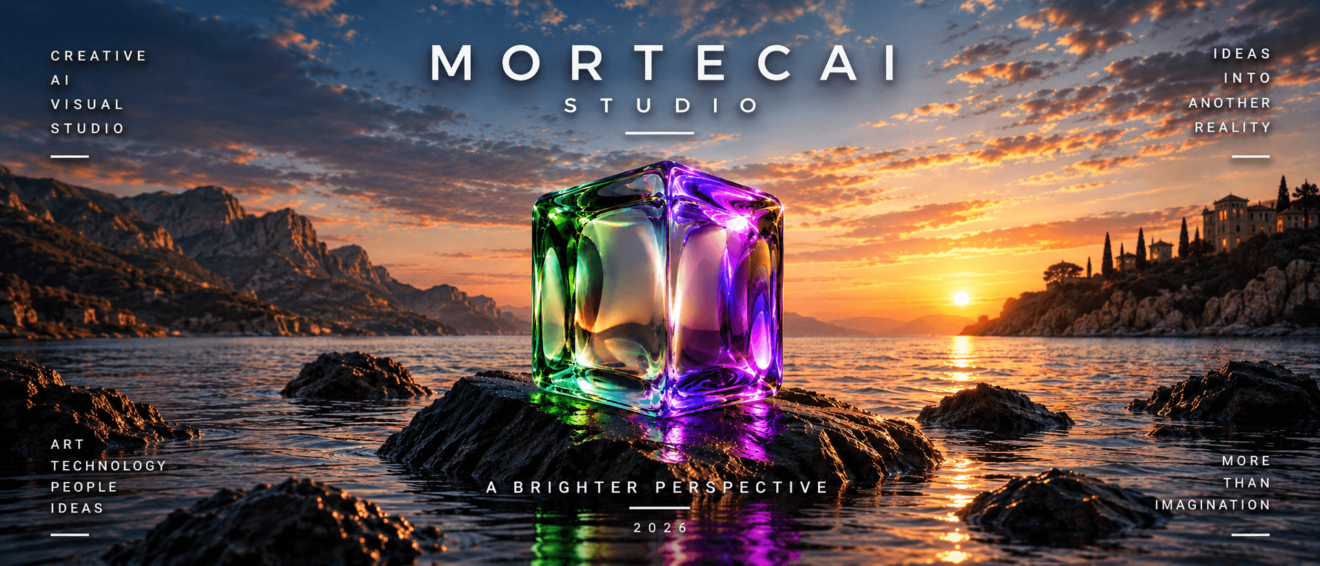 Mortecai Studio — A Brighter Perspective. Liquid Glass al tramonto. Art, technology, people, ideas. More than imagination.